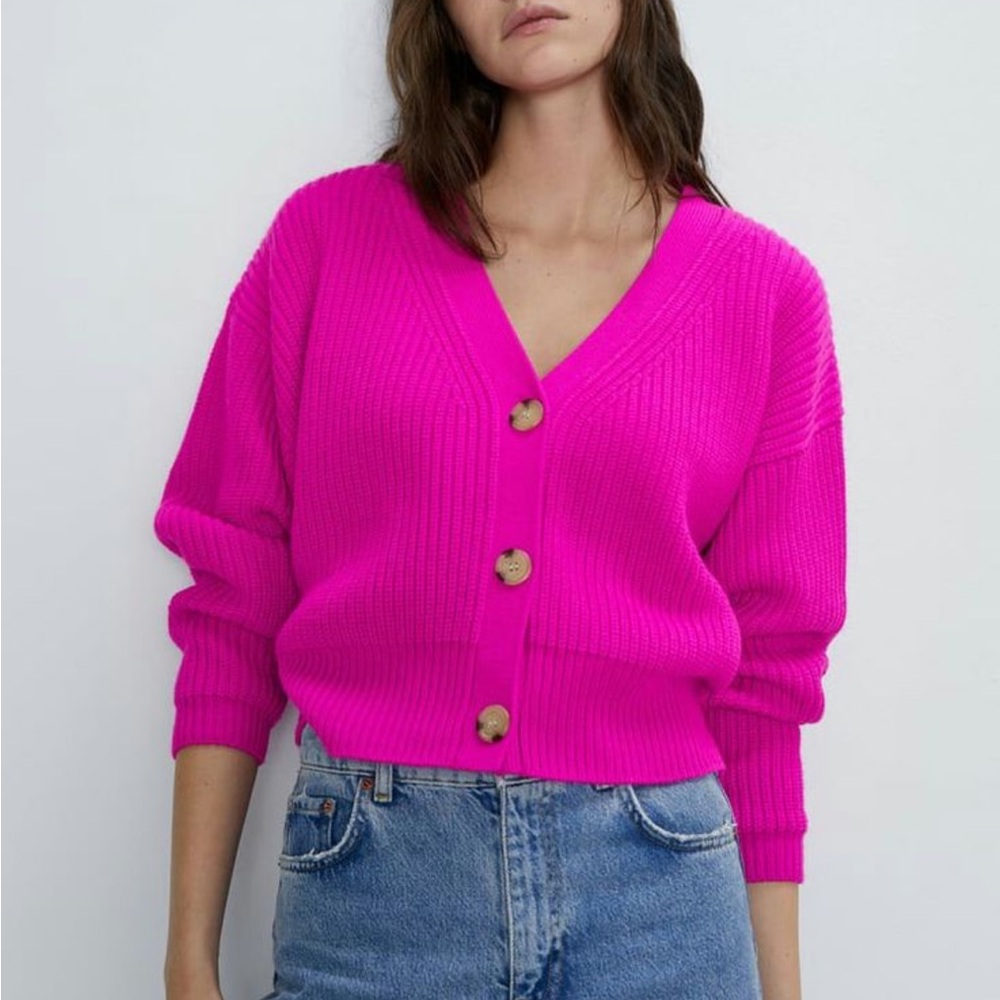 Zara Hot Pink Crop Cardigan Sweater